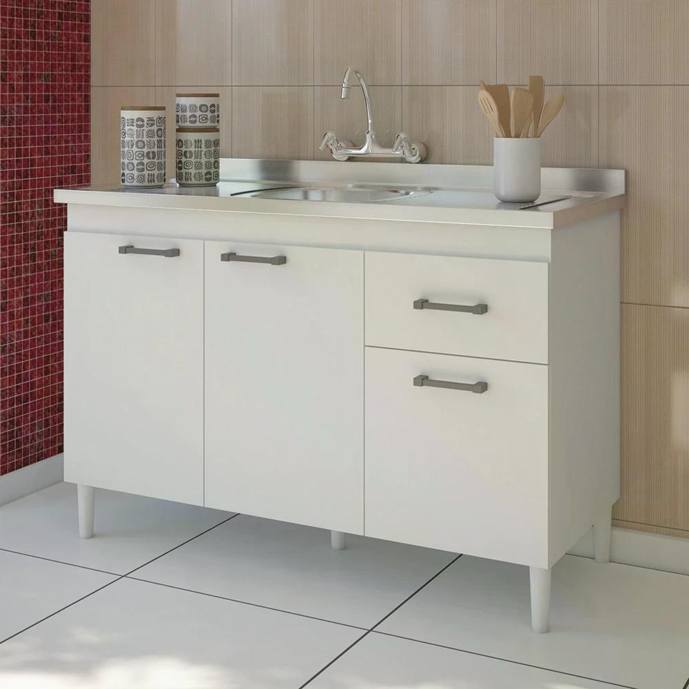 Balcão Pia Brasil Indékes 120cm Branco Organiza Cozinha Moderniza Espaço 3 Portas 1 Gaveta