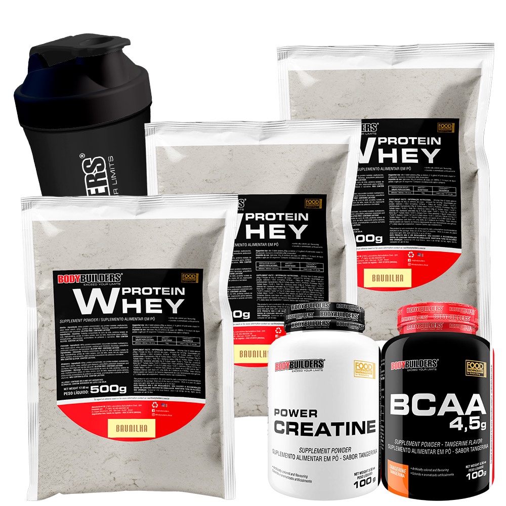 Kit 3x Whey Protein Concentrado 500g + BCAA 100g + Power Creatina 100g + Coqueteleira - Bodybuilders