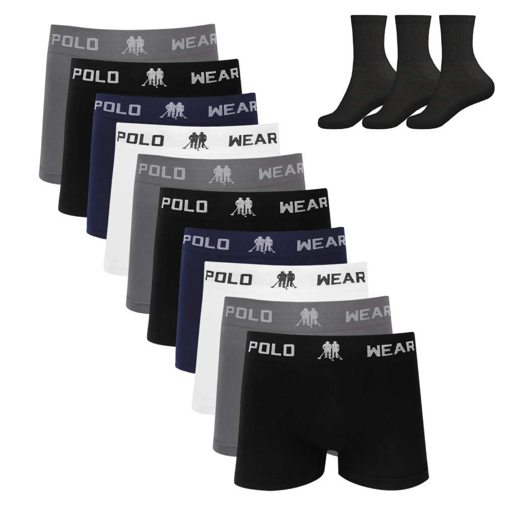 Kit 10 Cueca Boxer Polo Wear Microfibra Sortido + 3 Meias M11