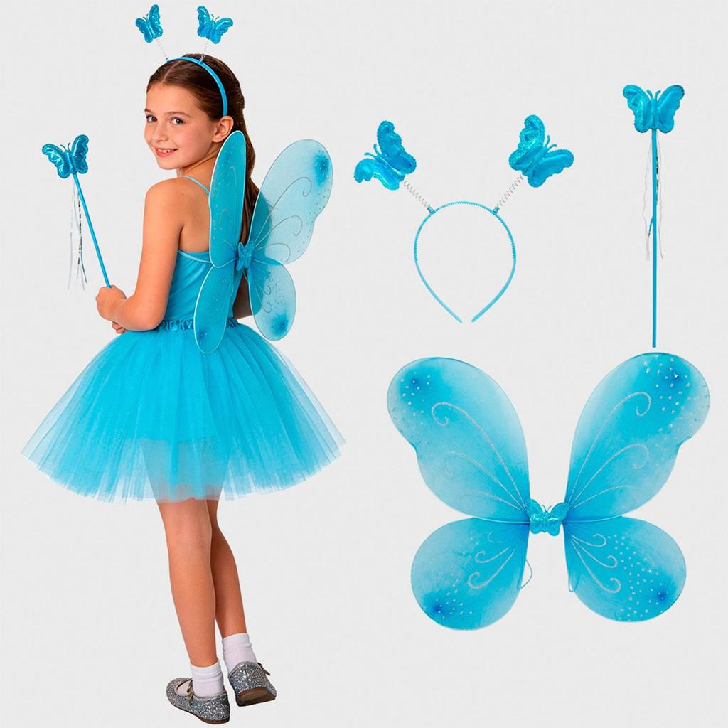 Asa de Borboleta Infantil de Carnaval Com Tiara e Varinha Azul