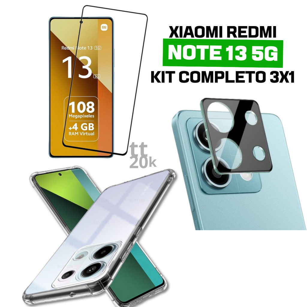 Kit Blindado Redmi Note 13 5G Película Vidro 3D + Capinha Tranpsrante + Proteção Da Lente + Kit Aplicação