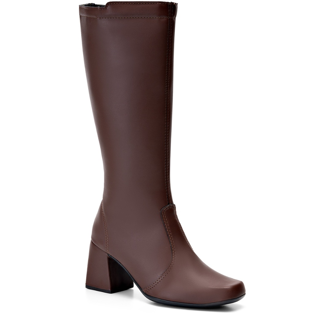 Bota Feminina Lumiss Cano Alto Bico Quadrado Salto Alto Grosso Marrom