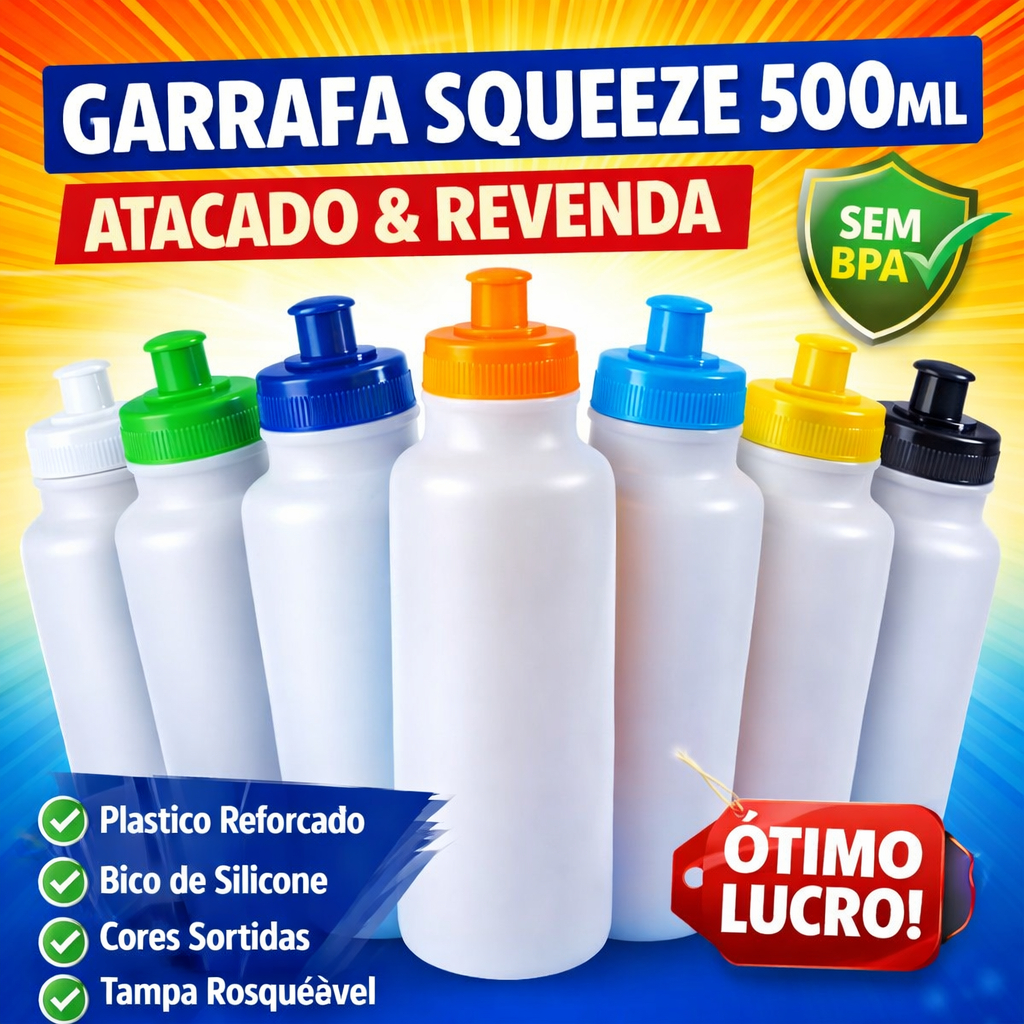 ? Kit 10 Garrafa Squeeze 500ml Plástico Reforçado Sem BPA Tampa Rosca Bico Silicone