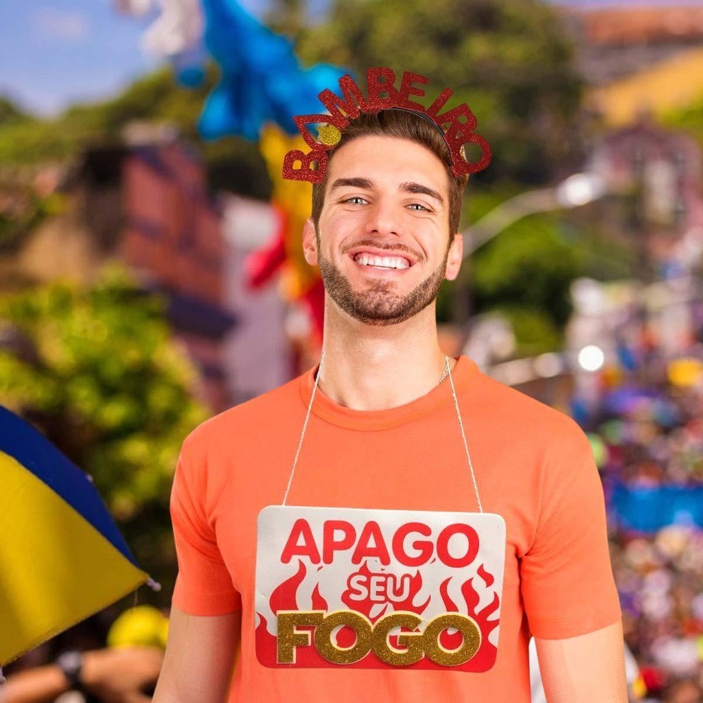 Plaquinha e Tiara de Carnaval Masculina Bombeiro Apago seu Fogo