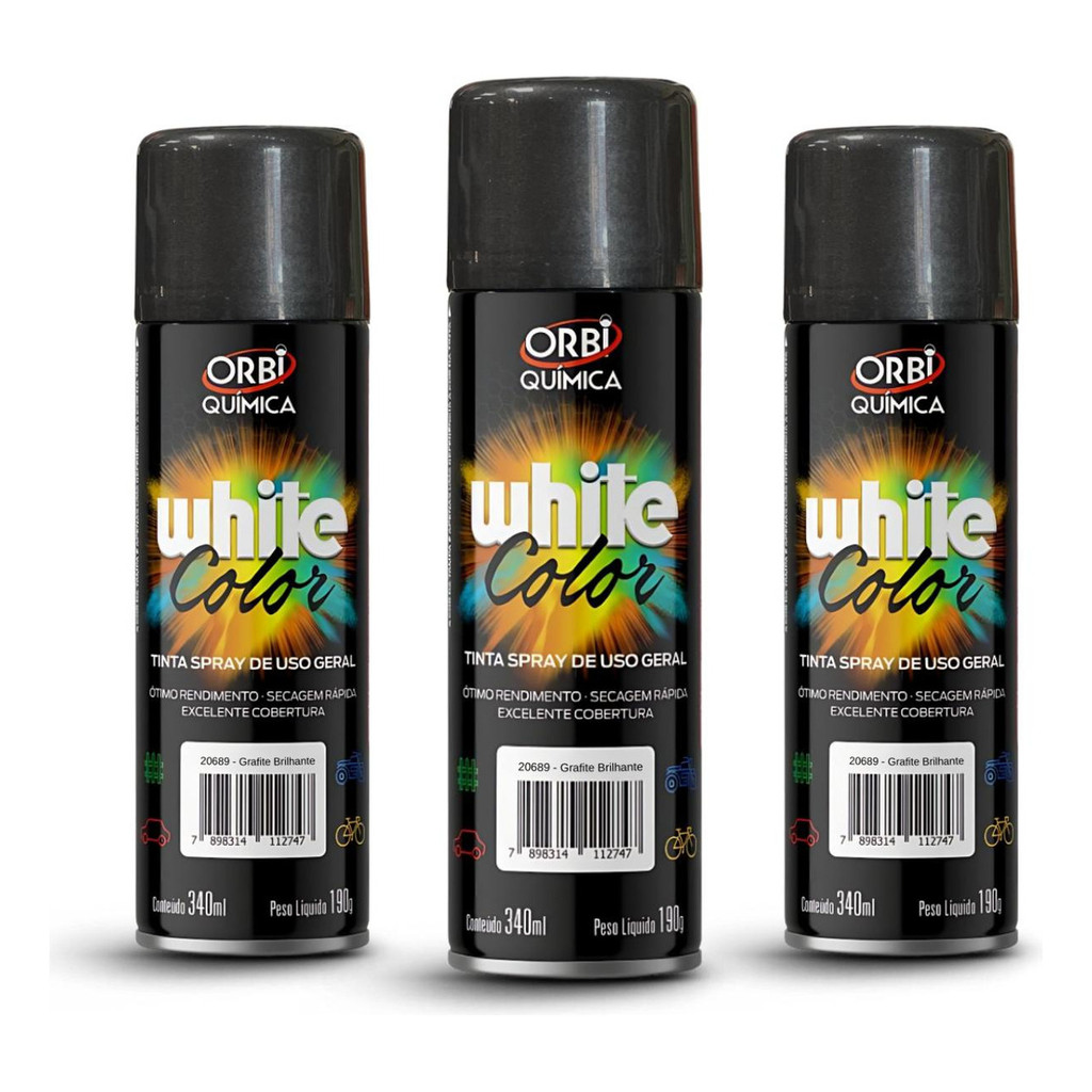 Kit 3 Un Tinta Spray Grafite Brilhante Uso Geral  340 Ml