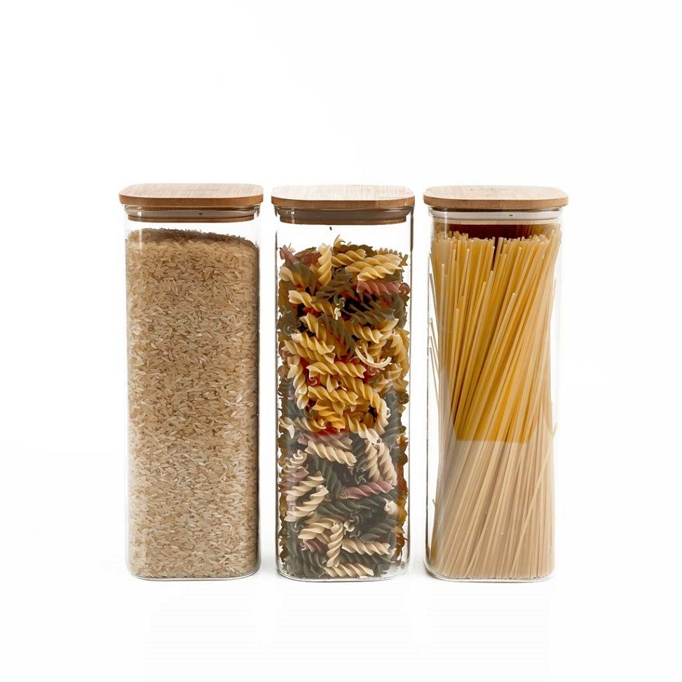 Kit de Pote Hermético de Vidro Quadrado com Tampa de Bambu 3 Peças - Oikos
