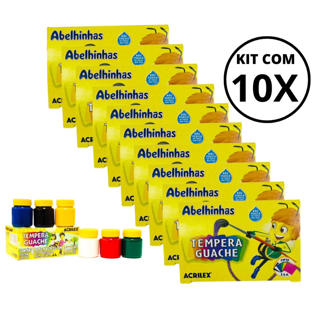 Kit 10 Caixas Tinta Guache Acrilex Com 06 Cores -15ml Cada pote