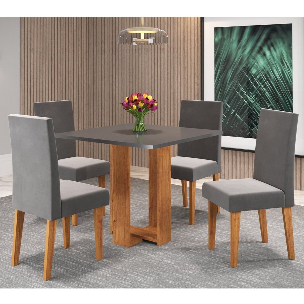 Conjunto Sala de Jantar Chiara Mesa Quadrada com 4 Cadeiras Vênus Mel/Grafite