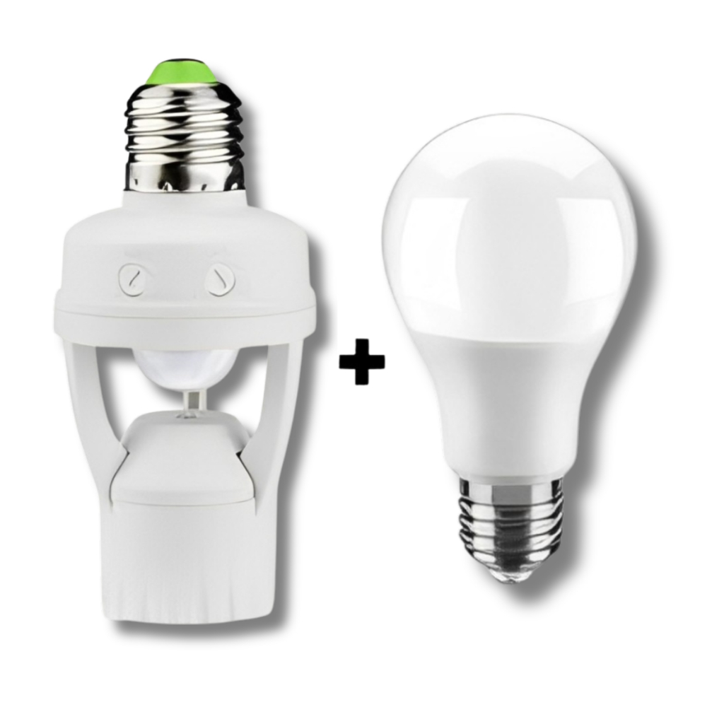 Kit Soquete Bocal E27 Bivolt Com Sensor De Presença Movimento 360º + Lâmpada LED 12w