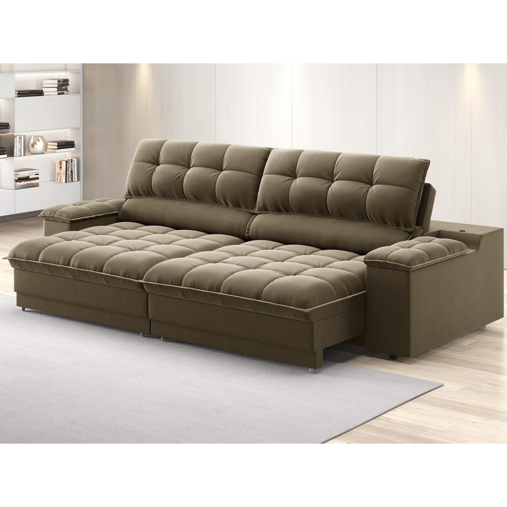 Sofá com Porta Copos e Carregador USB Ret Rec Luke 2,50m Veludocristal Castor - NETSOFAS