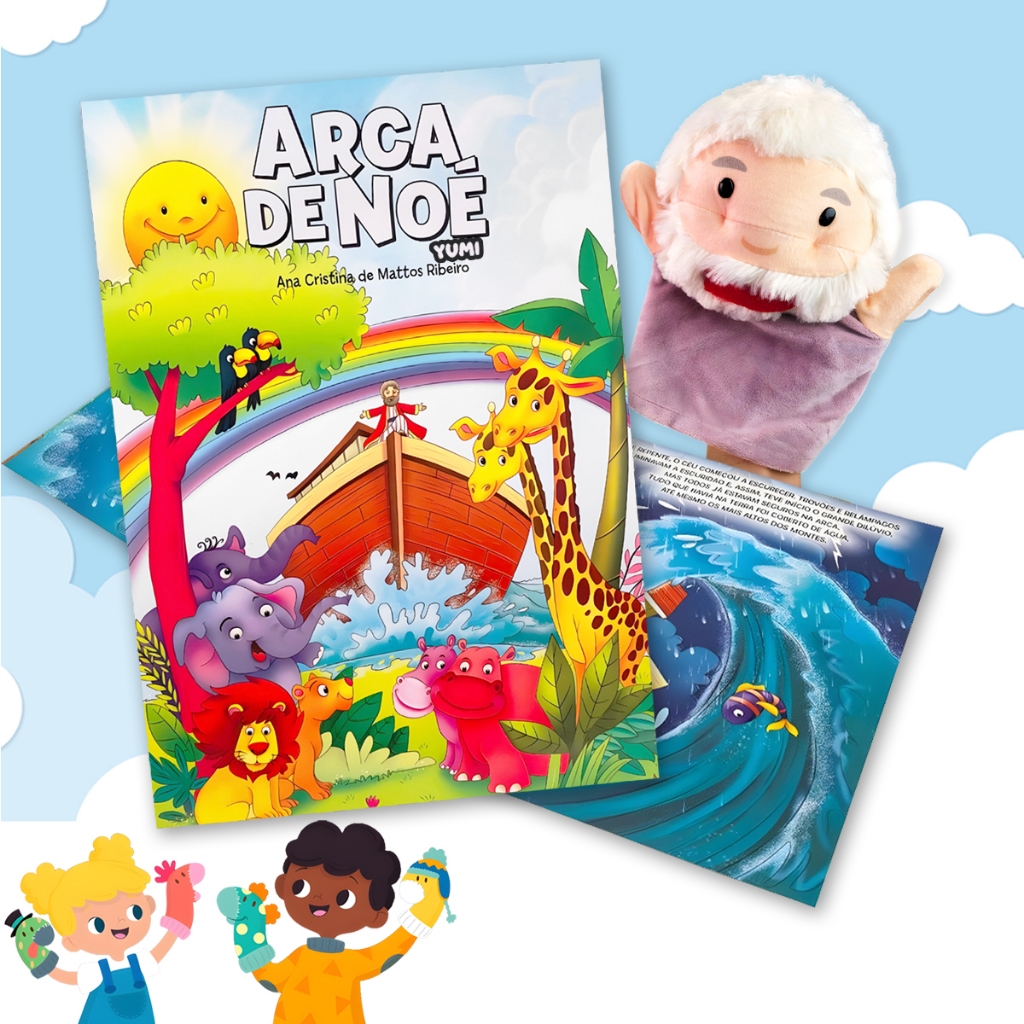Livro Infantil Com Fantoche Arca de Noé Bíblia Infantil do Bebê Educativo