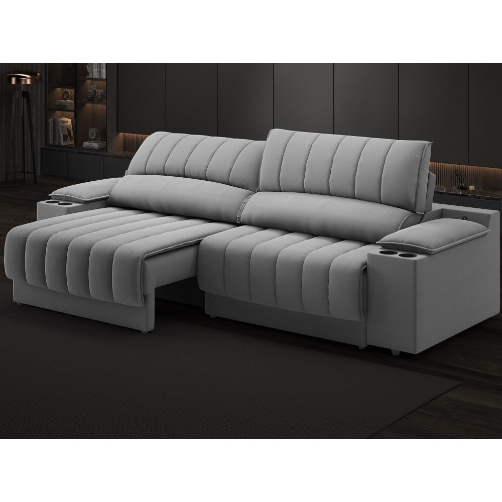 Sofá com Porta Copos Carregador USB Ret Rec Murano 2,50m Velosuede Grafite - NETSOFAS