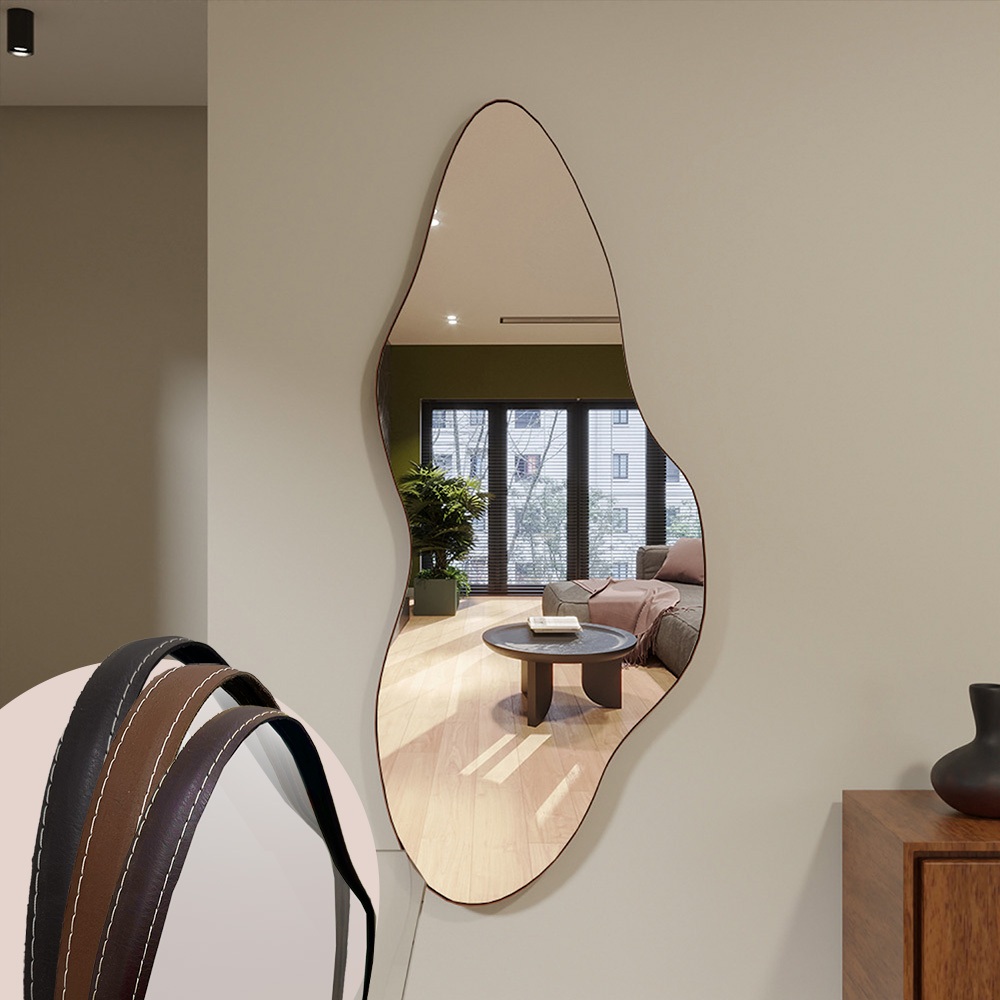 Espelho Orgânico ME04 Moldura Couro 110x50cm 150x60cm 170cmx70cm Corpo Inteiro Quarto Sala Banheiro