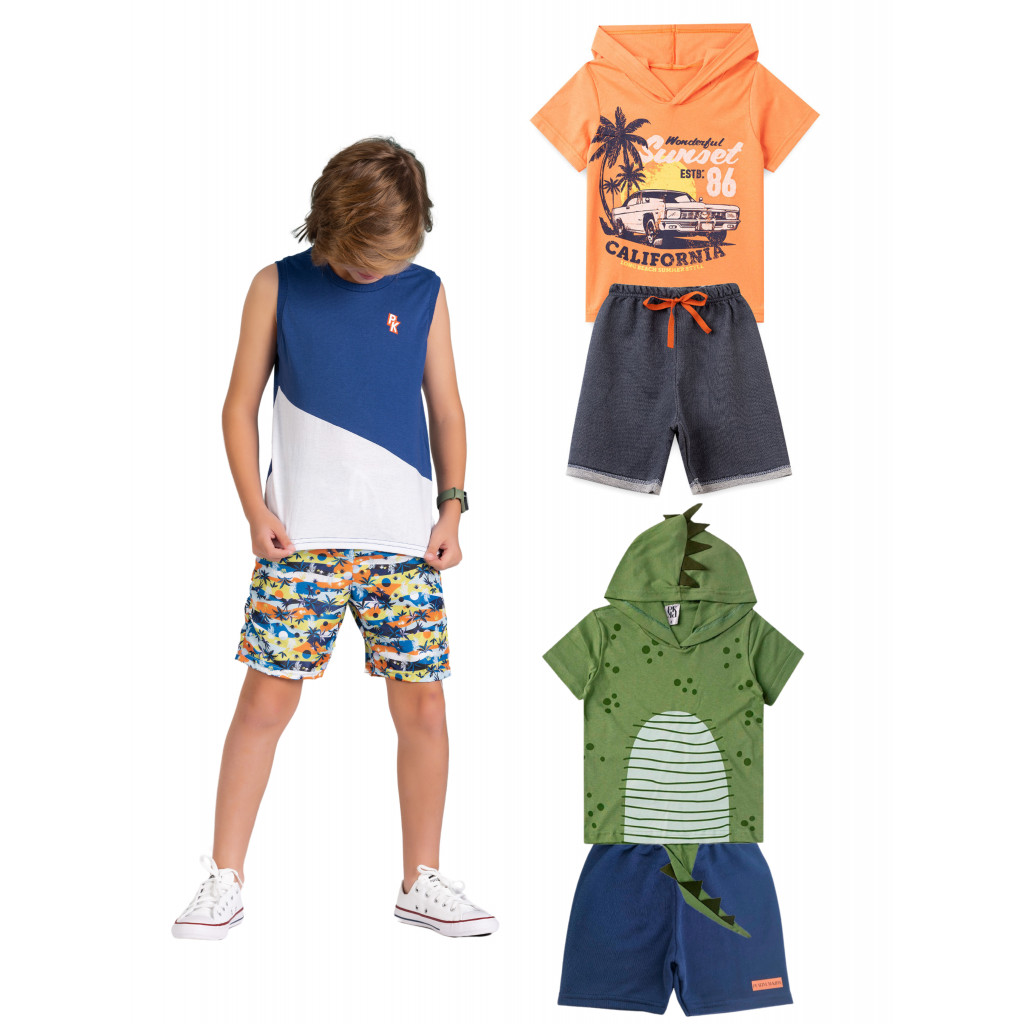 Kit Sortido 4 Peças de Roupas Infantis Masculino Verão- 2 Camisas + 2 Shrots
