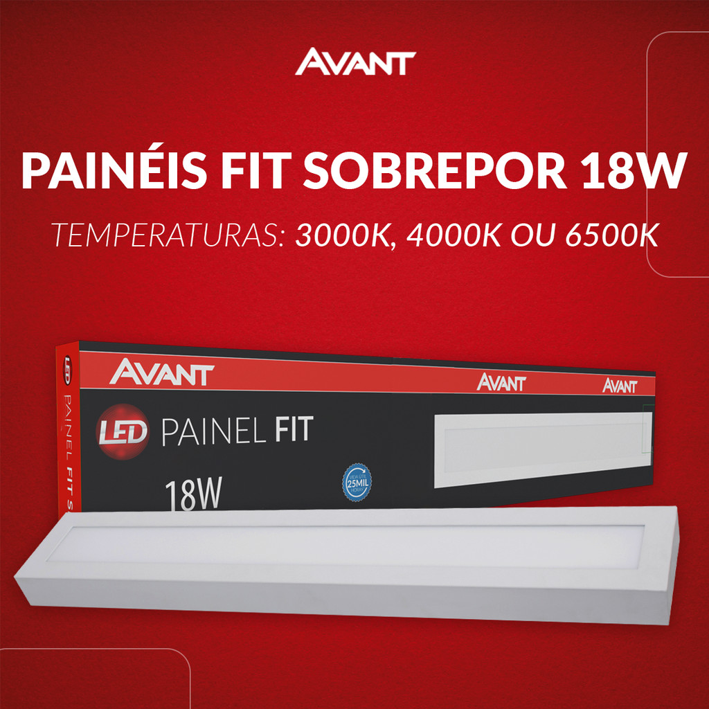 Painel Led Fit Sobrepor 60cm 18w 3000k, 4000k ou 6500k 110v/220v Branco Avant