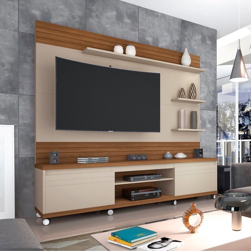 Estante Home Theater Ripado para TV até 70 Polegadas MDF 217cmx197cm Rodízios e Cedro Bege Off White/Freijó Off