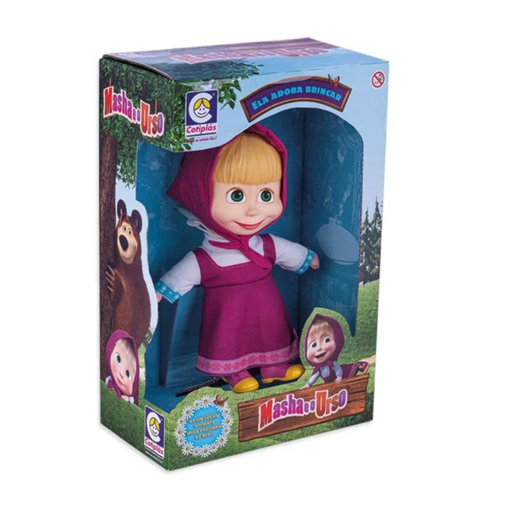 Boneca Masha Cotiplas 23cm em Plástico Vinil Garotinha Travessa com Vestido de Pano Rosa - 2404