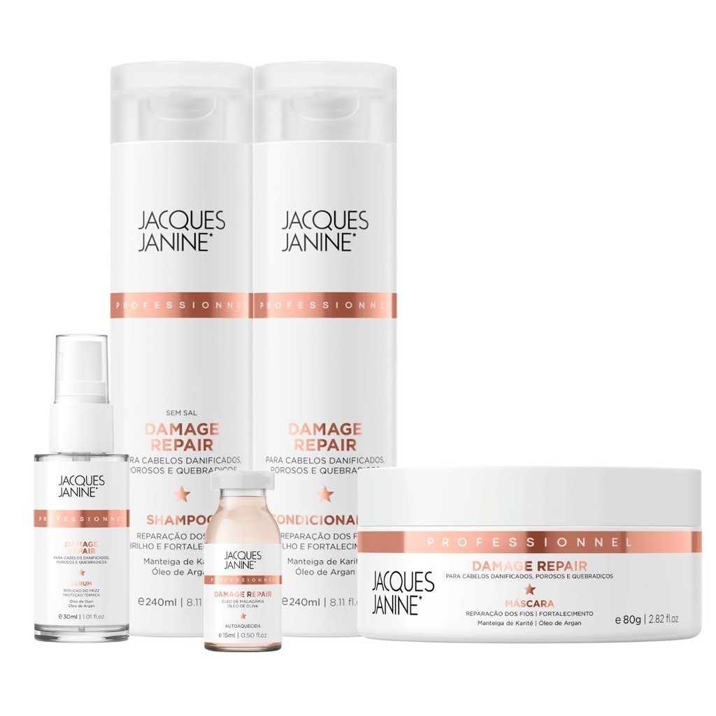 Kit Jacques Janine Damage Repair Shampoo Condicionador 240ml Máscara 80g Sérum 30ml Ampola 15ml