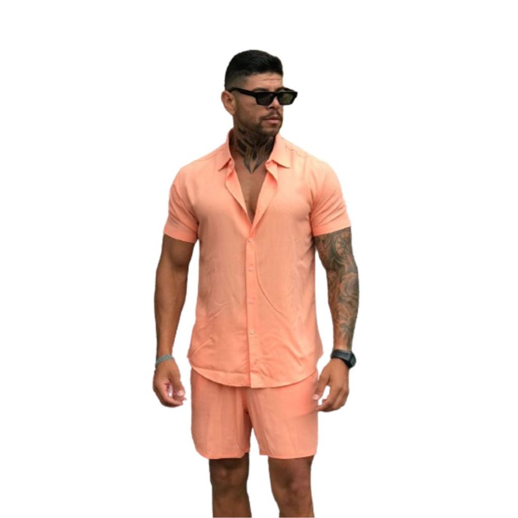 Conjunto Camisa e Short  Liso  Havaiano Estampado  Adulto Masculino Tecido de Viscoinho com elastano