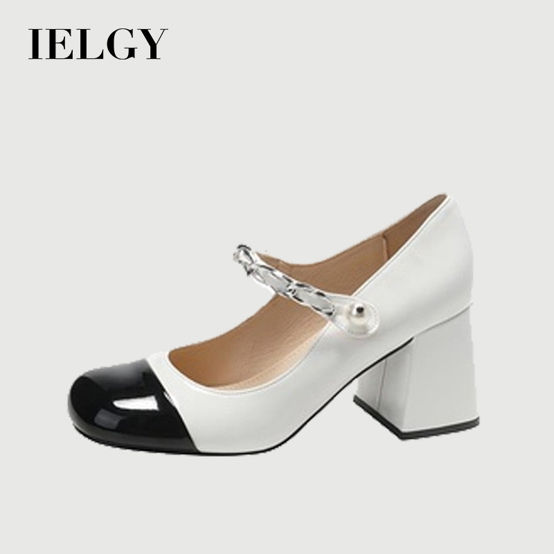 IELGY Preto E Branco Cor Combinando retro Pequena Fragrância Estilo Dedo Do Pé Quadrado Salto Grosso