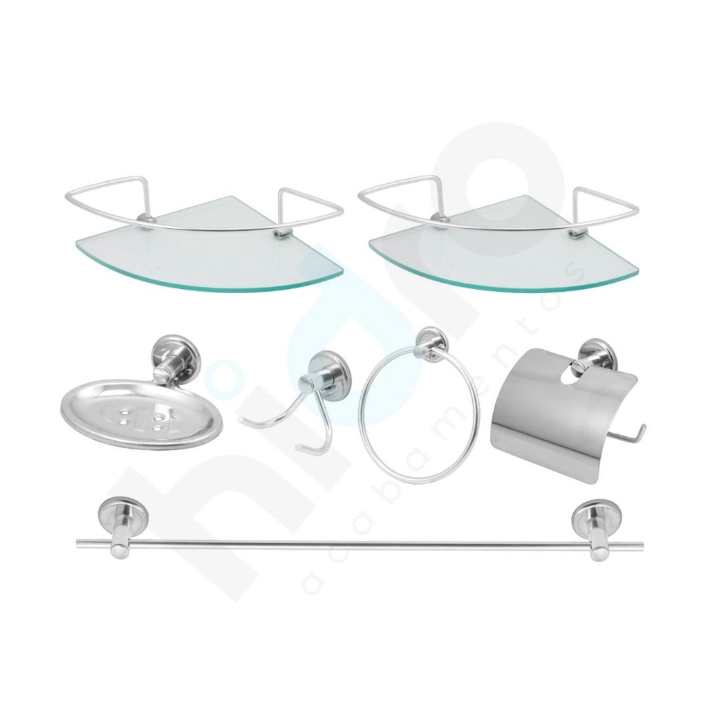 Kit Para Banheiro 05 Peças Aço Inox + 2 Porta Shampoo Canto De Vidro