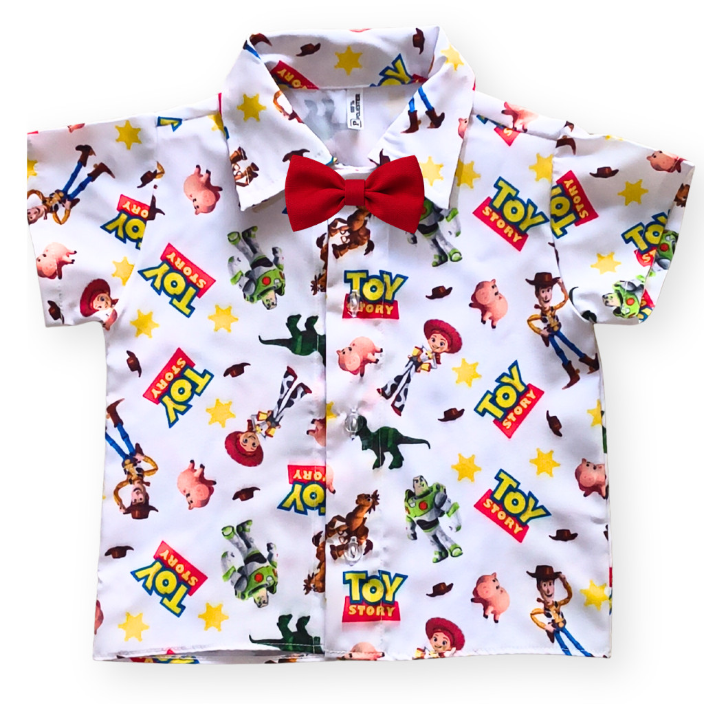 Camisa Infantil Toy Story Look Festa e Ensaio Camisa Social Temática Menino com Gravata