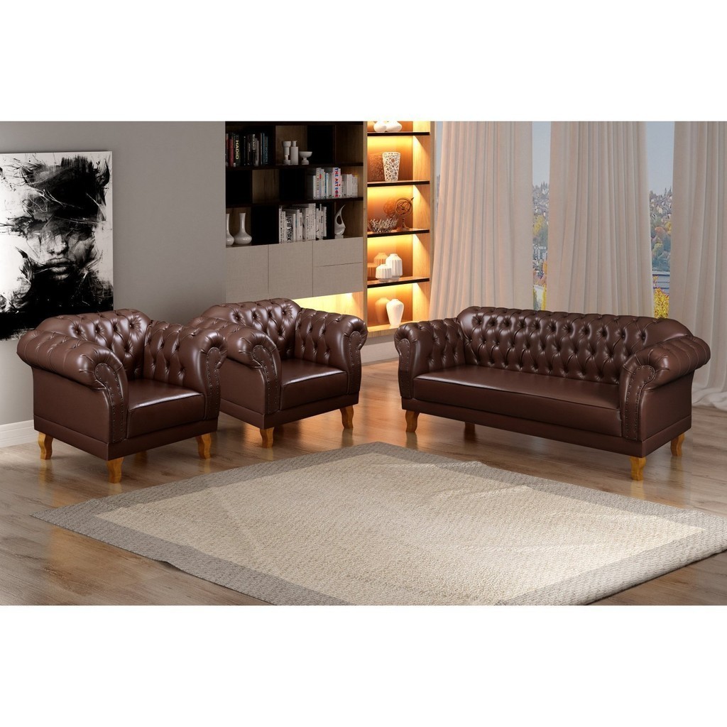 Conjunto 1 Sofá e 2 Poltronas Chesterfield Duque Yescasa Marrom