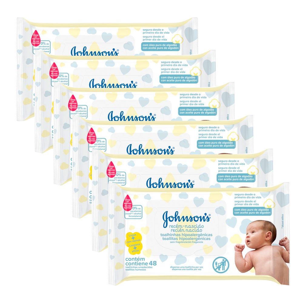 Kit 6 Toalhas Umedecidas Johnsons Baby Recém Nascido 48 Unidades