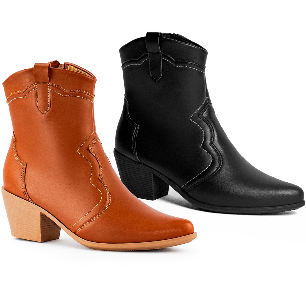 Bota Feminina Lumiss Cano Curto Western Confortável Texana Salto Grosso Country Bico Fino Rodeio