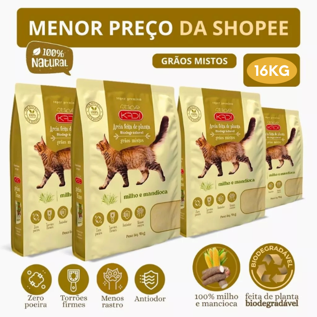 Areia Biodegradável Kadi Grãos Mistos Gatos 16 KG Grão Misto Gato Milho Mandioca (4 pacotes de 4 kg)
