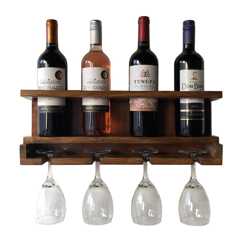 Adega de Parede Com Porta Taças em Madeira 4 garrafas de Vinho