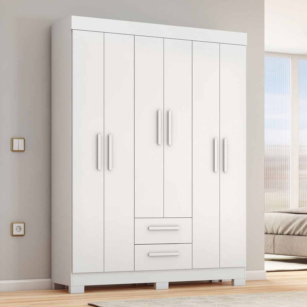 Guarda-roupa Nt6015 com 6 Portas e 2 Gavetas Rosa/Branco