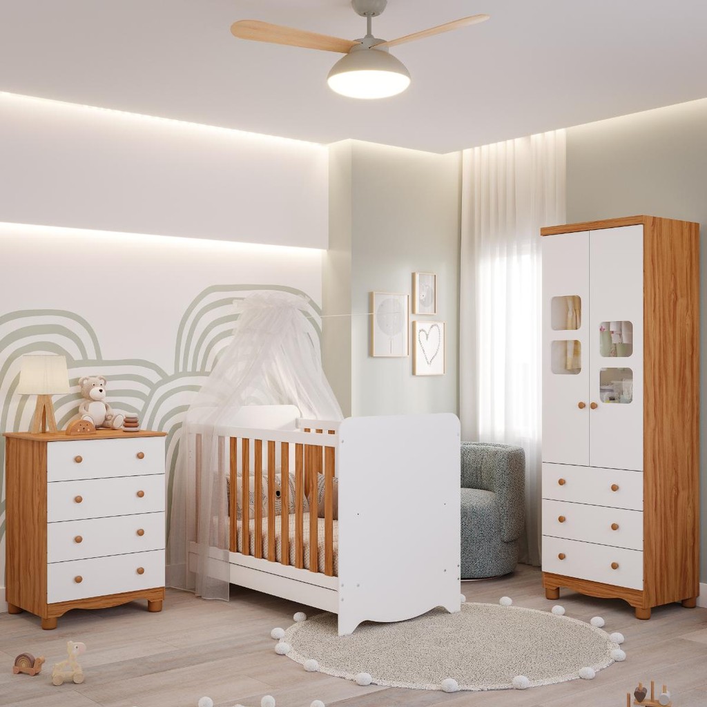 Quarto Bebê Completo Berço Americano Ben Cômoda Júnior Simples Guarda Roupa Uli 2 Portas 100%MDF