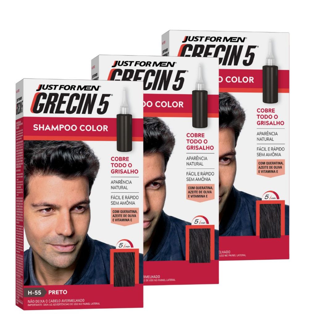 Kit 3x unidades - Grecin 5 Shampoo Tintura Tonalizante Preto H-55 60ml - Cobre os cabelos grisalhos em 5 minutos.