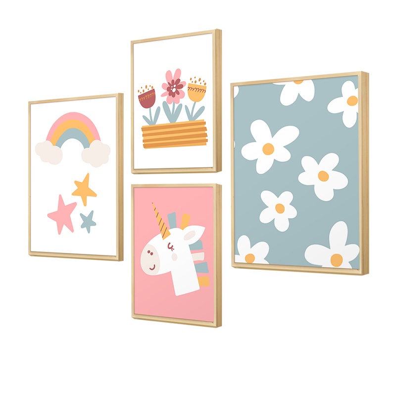 Kit 4 Quadros Decorativos Infantil Menina Rosa Unicórnio Flores
