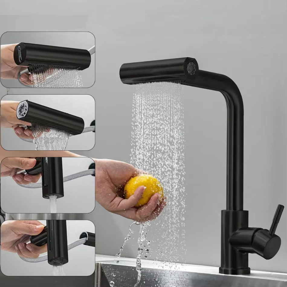 Torneira Cascata Cozinha Gourmet Bancada Misturador Quatro modos Aço Inox 304 Cor preto