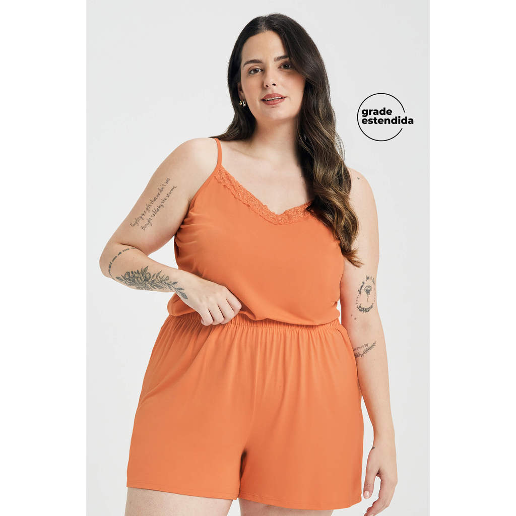 Pijama Feminino Viscose Com Renda Marialícia Laranja