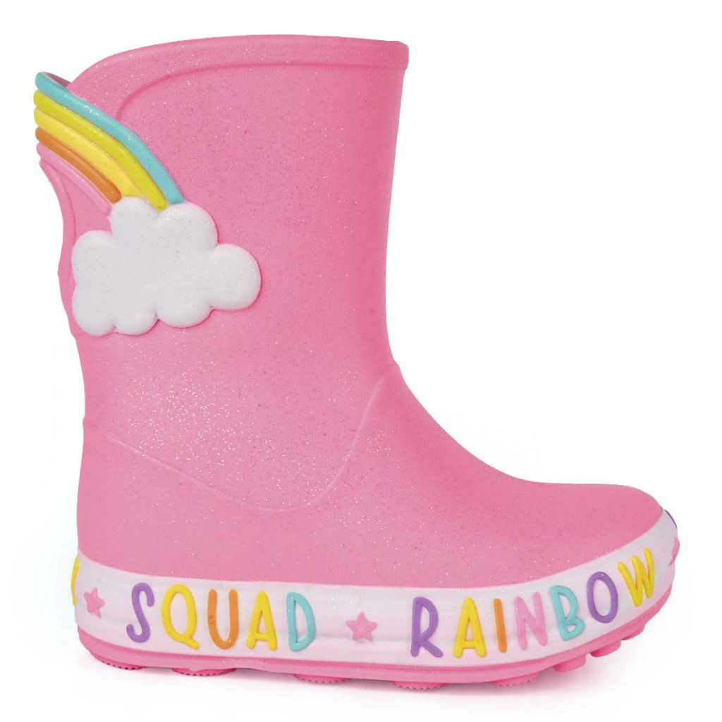 Galocha Menina Infantil Plugt Rainbow Arco-Íris Glitter Rosa Chiclete Impermeável Confortável