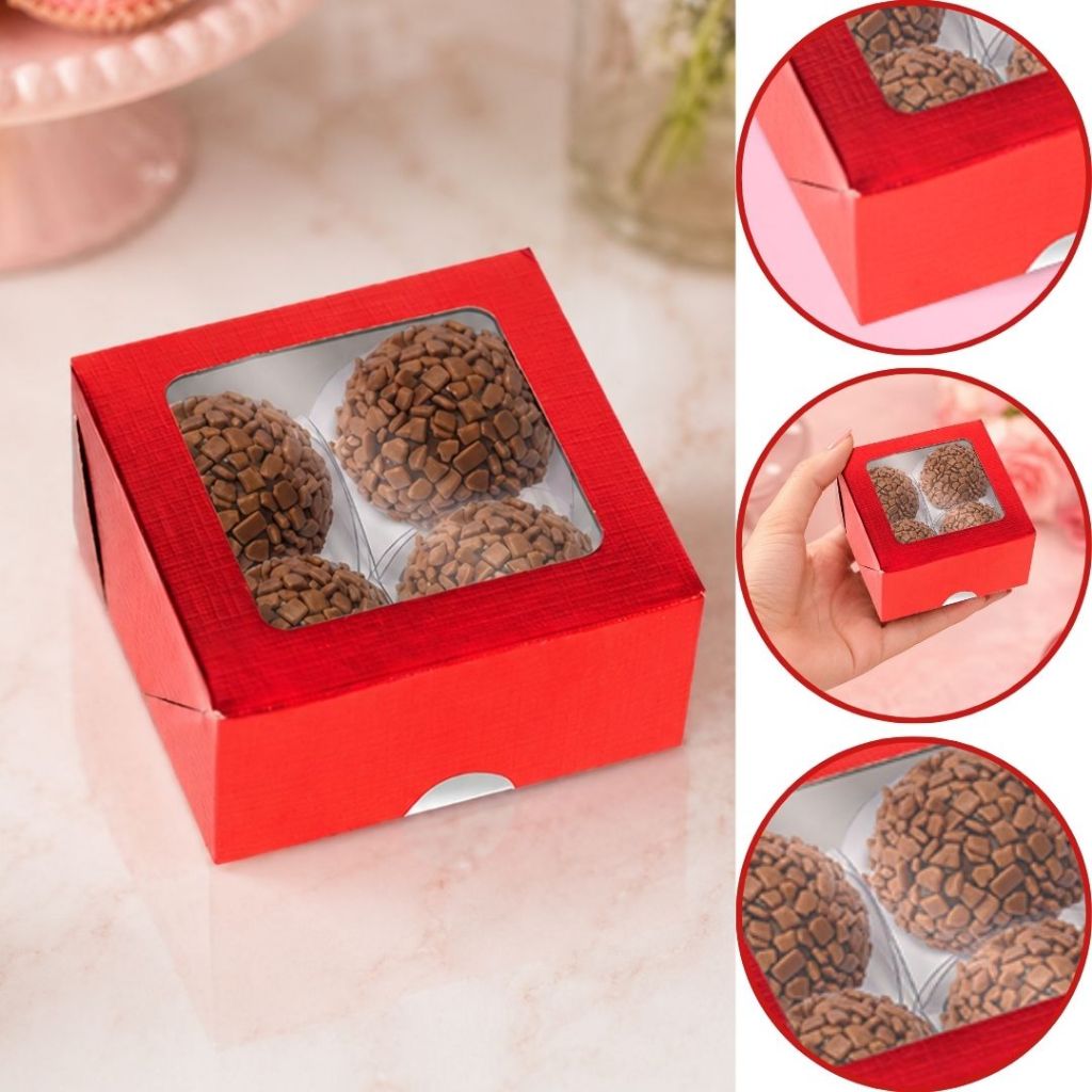10~50 CAIXA LAMINADA C/ VISOR (04 DOCES) 8x8x4 cm  VERMELHO ID4678 (CHOCO)