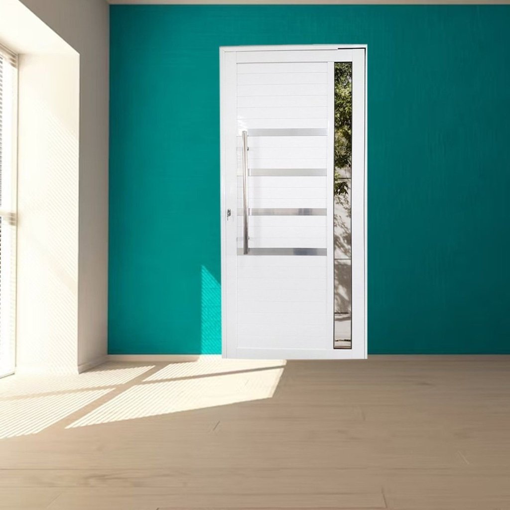 Porta Pivotante de Alumínio 210 X 120cm com Friso e Vidro Linha 30 Esquerda Esquadrias Bergamo Branco