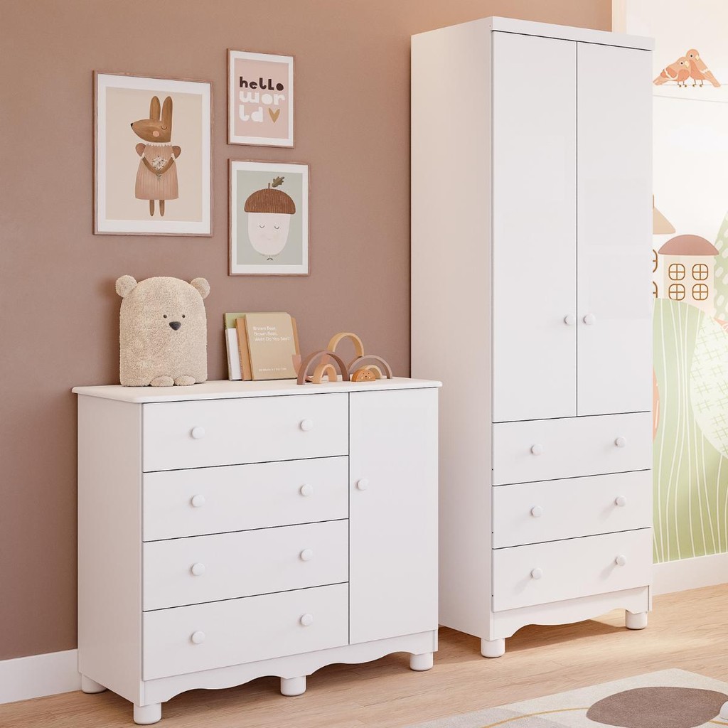 Quarto de Bebê Completo Guarda Roupa 2 Portas Cômoda 1 Porta 4 Gavetas 100% MDF Junior
