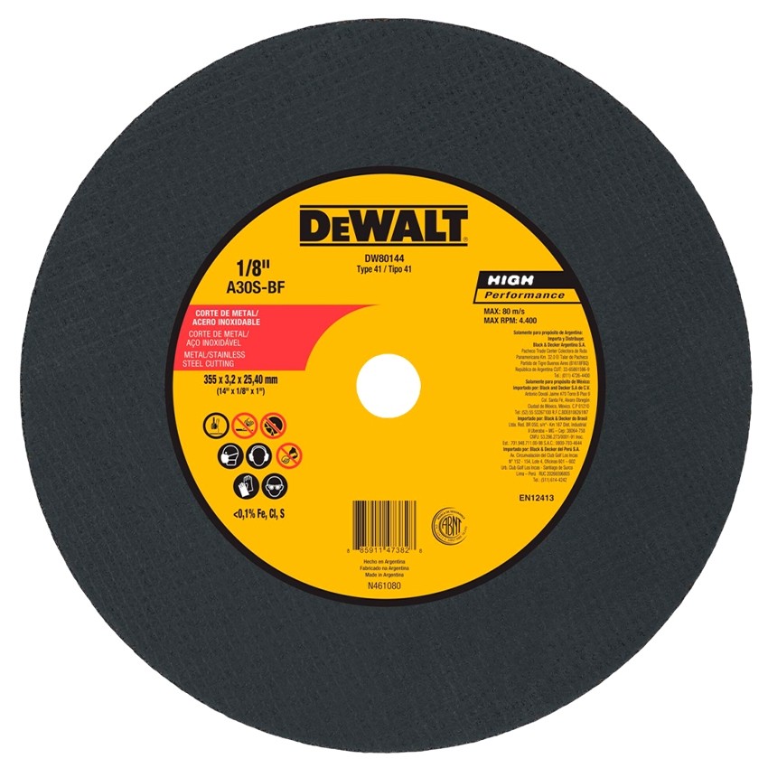 Disco de Corte 14 para Aço Carbono e Inox 355 x 3.2 x 25.40mm DeWalt DW80144