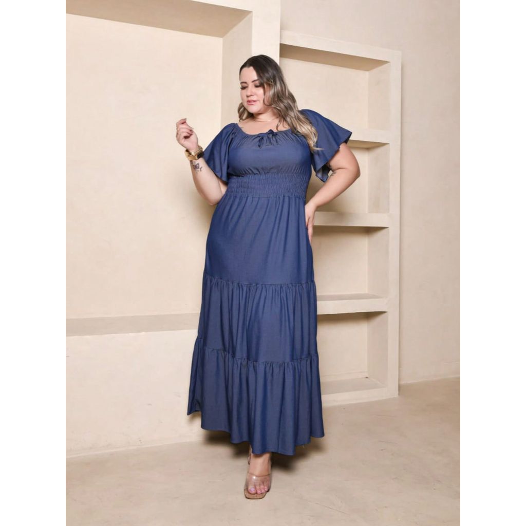 Vestido longo luxo chambray imitação  jeans manga curto ombro ombro ciganiha