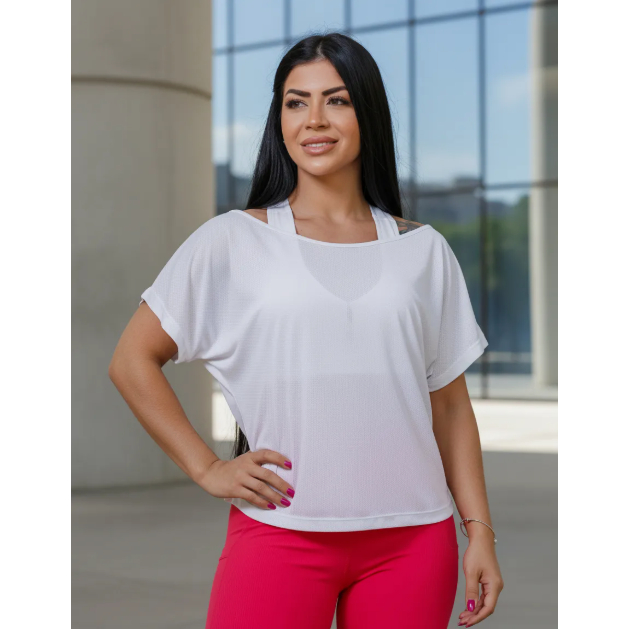 Camiseta Feminina Dry Ombro a Ombro Branca Fitness Academia Treino