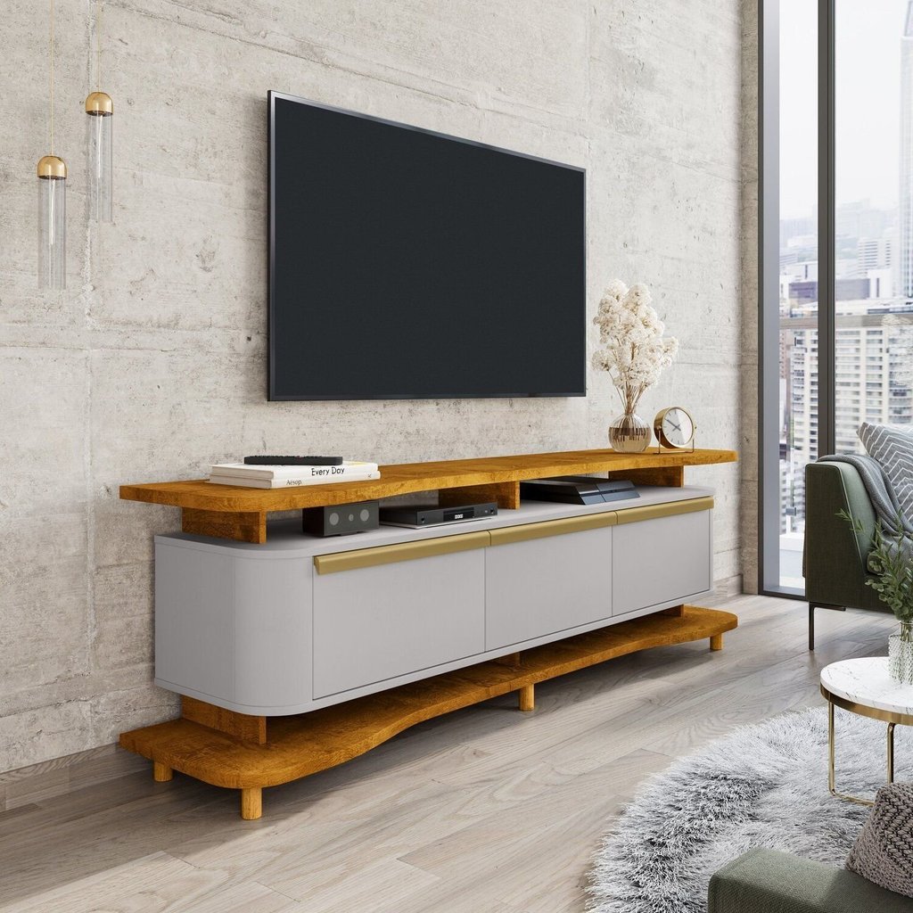 Rack para TV até 75 Polegadas 180cm Pés em Madeira Maciça Guarapari Marrom Naturalle/Off White Naturalle/Off White