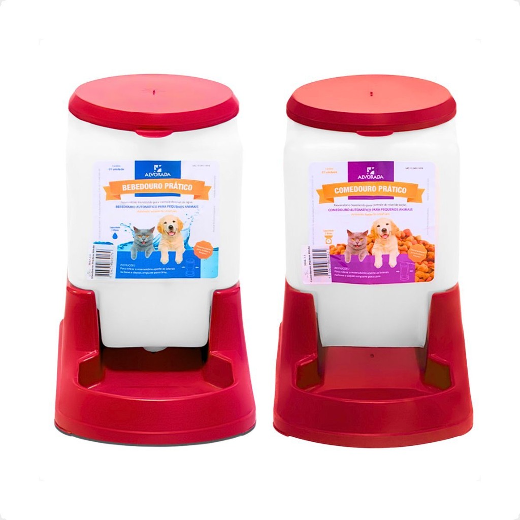 Kit Bebedouro Comedouro Automatico Cachorro Gato e Prático 3 litros - Alvorada Vermelho