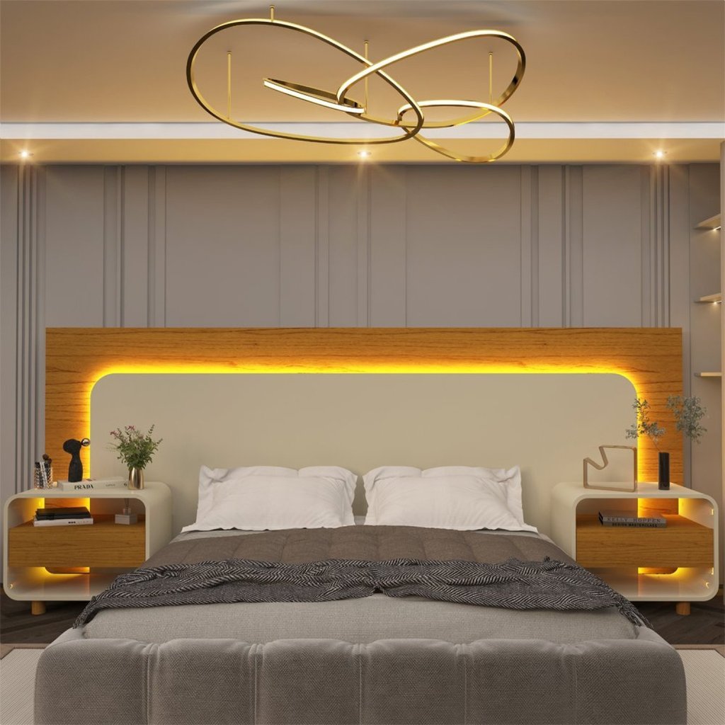 Box Casal 2 Mesas de Cabeceira com Led Innova 100% MDF Branco Naturale/Off White Off White/Nature