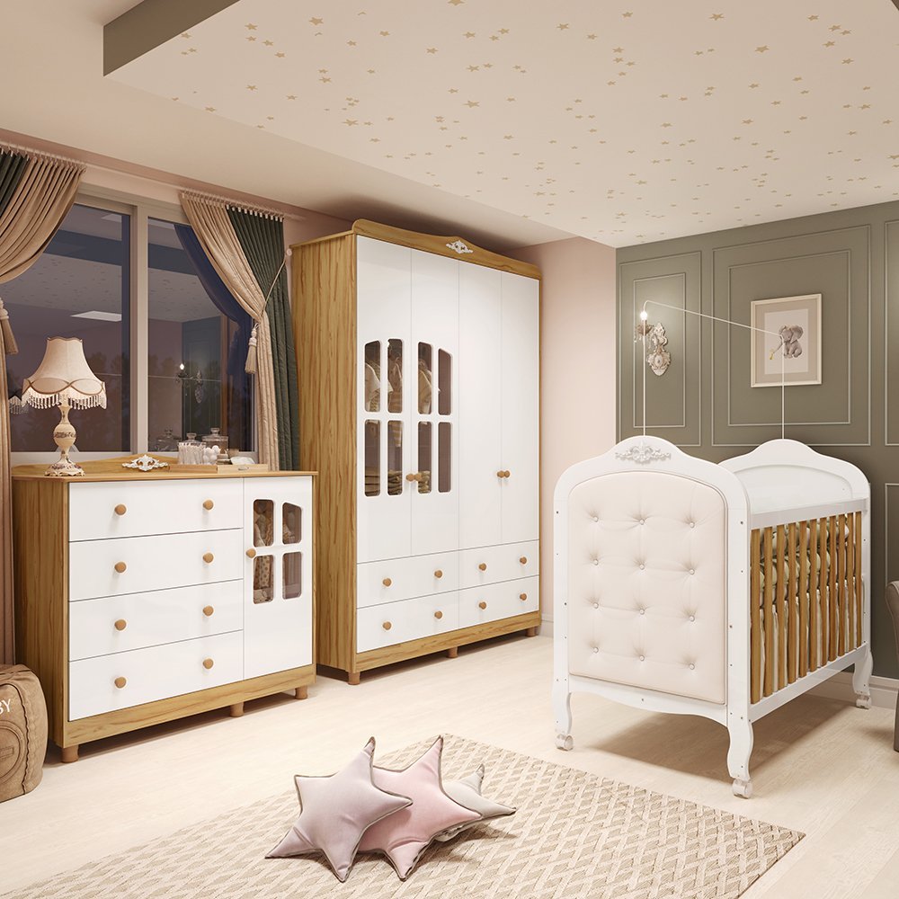 Quarto de Bebê Guarda-roupa e Cômoda com Janelas e Berço com Capitonê Maya Clássico Espresso Móveis Branco