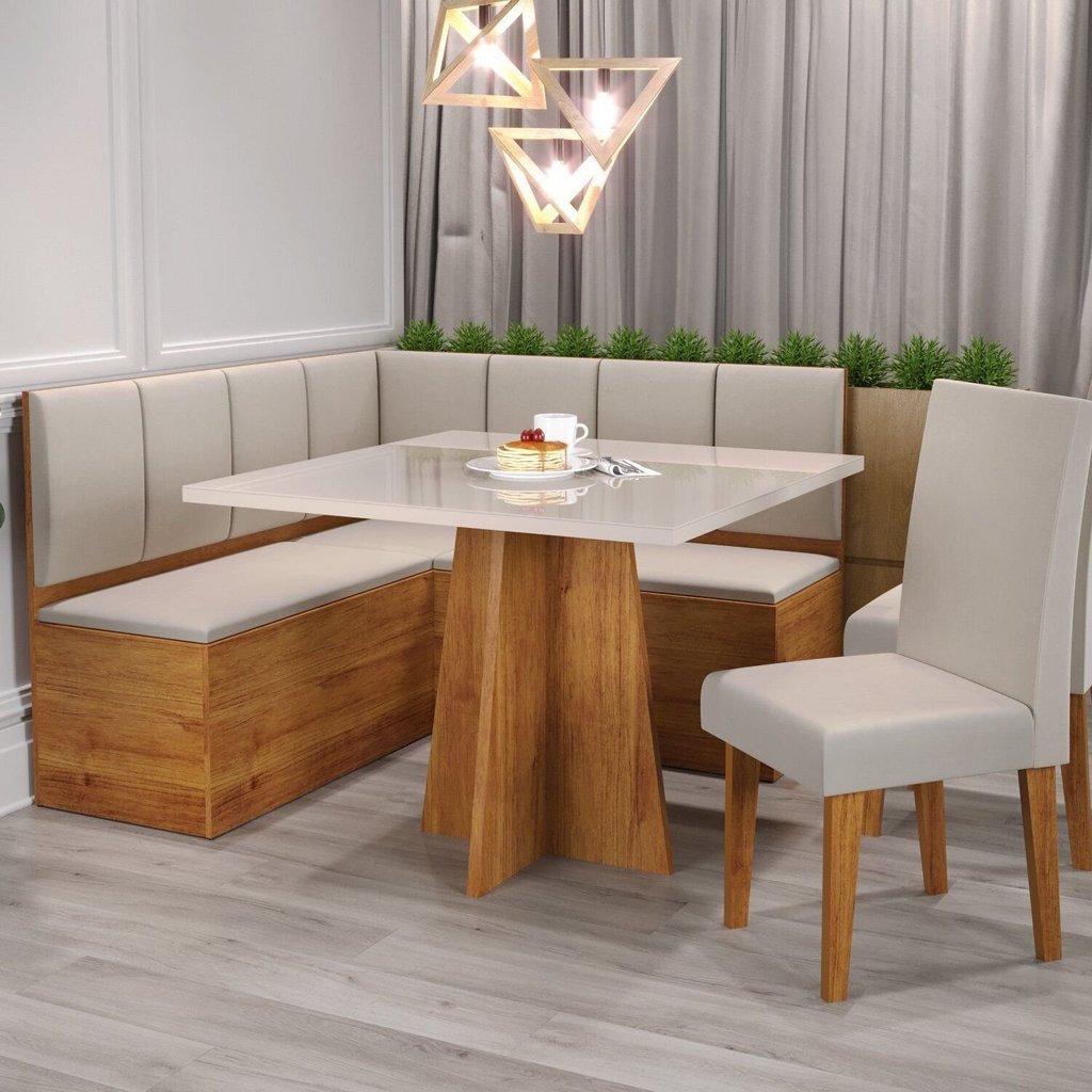 Conjunto Canto Alemão Baú Bariloche Mesa Quadrada 90cm X 90cm sem Vidro e 2 Cadeiras Venus em Mdp/md Mel/Blonde/Marfim