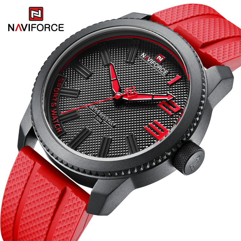 NAVIFORCE 9202T Relógios De Pulso Masculinos Simples Casual Silicone Vermelho De Quartzo À Prova Dágua Relógio Marca De Moda